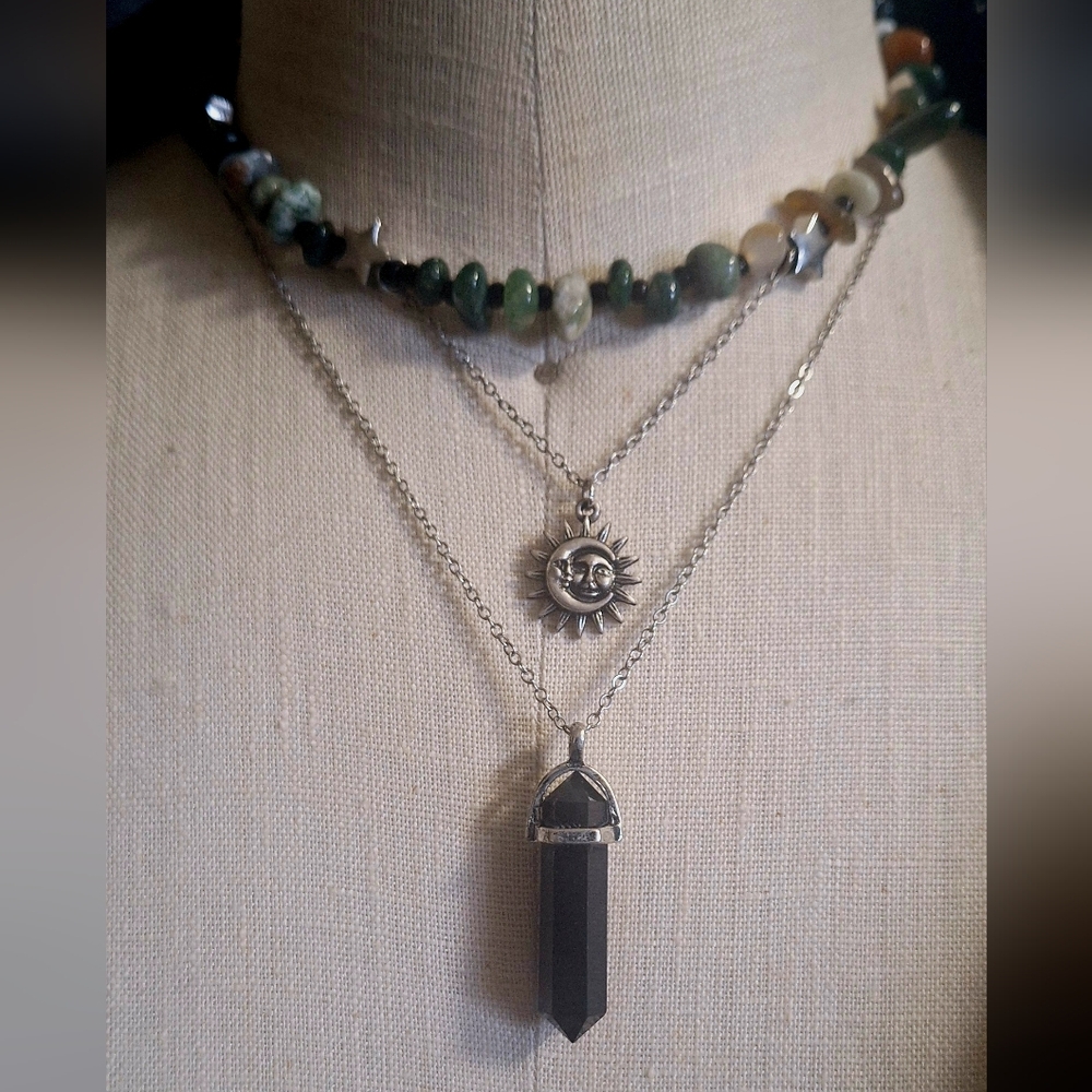 Boho Celestial Mystic Multi-Stone Necklace with Black Faux Crystal Pendant